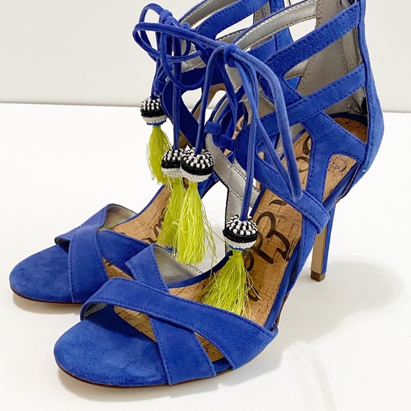 SAM EDELMAN | Blue Beaded Fringe Heels | 8 - Picture 4 of 9